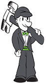 Cartoon man in suit with a hammer on his shoulder; green bow tie and hat.