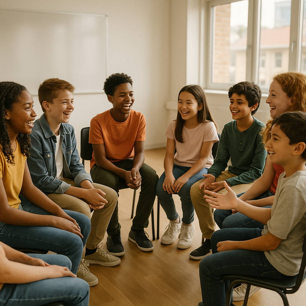 Two young boys in blue karate uniforms are hugging each other in a gym.