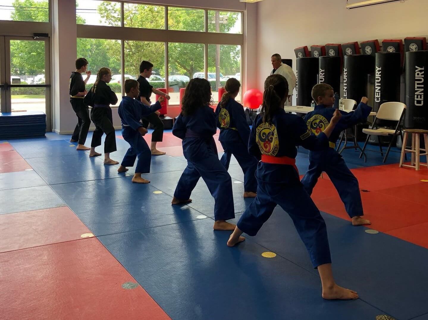 A group of children are practicing martial arts in a gym.