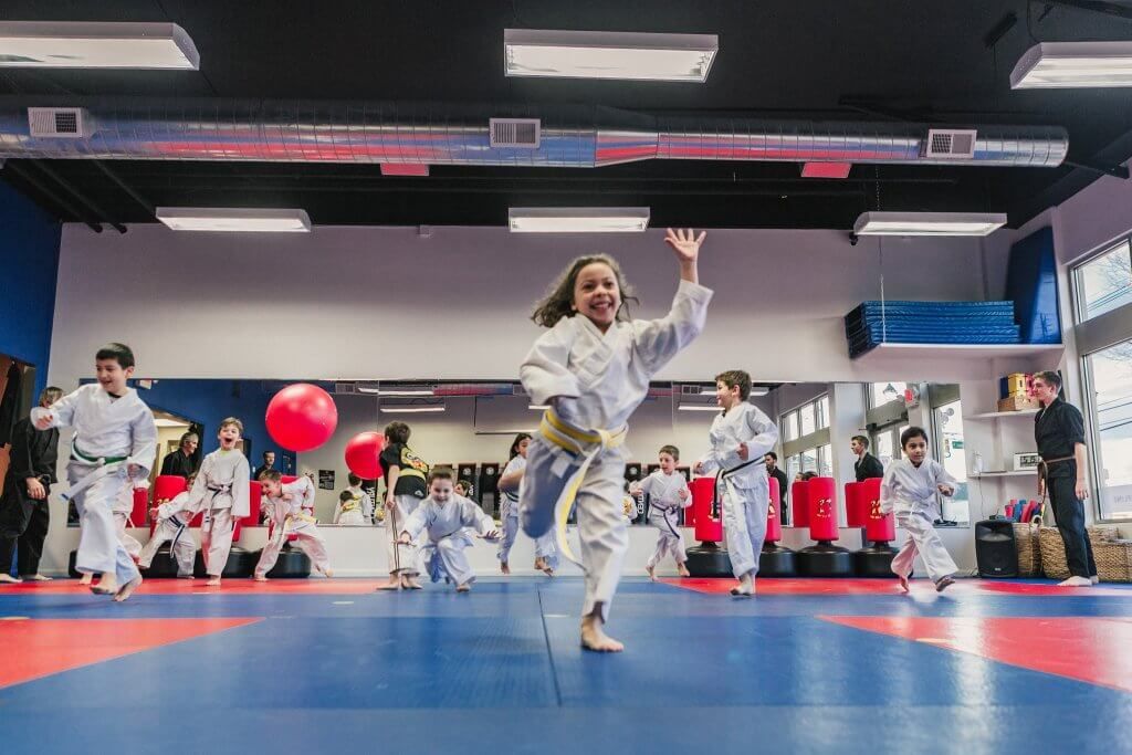 A group of children are practicing martial arts in a gym.