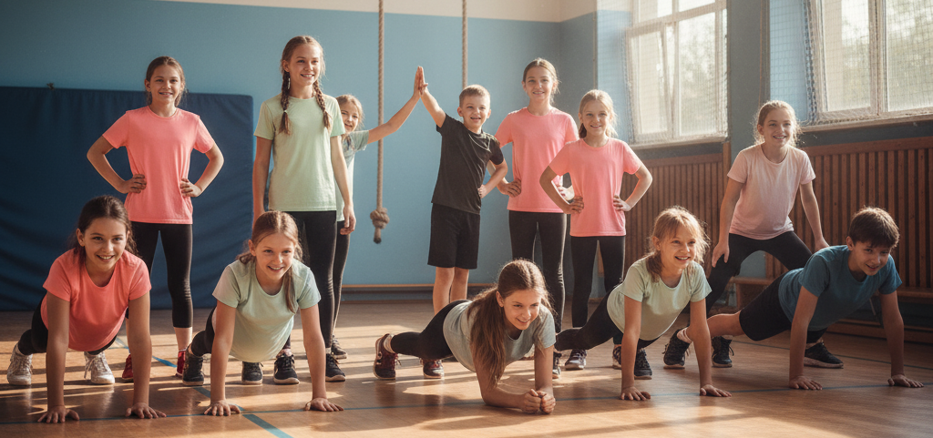 A group of children are practicing karate in a gym.