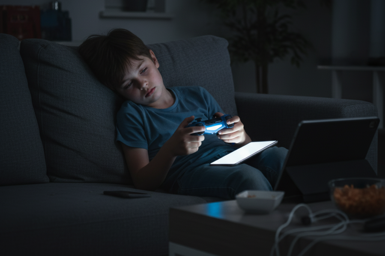 A young boy is sitting on the floor playing with a tablet.