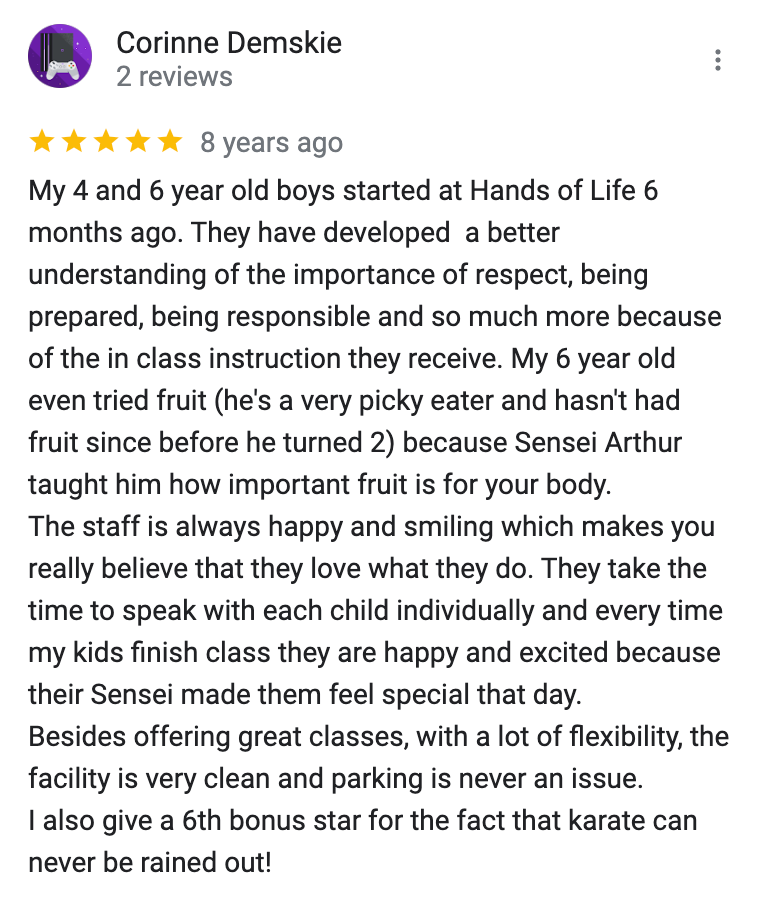 A person has written a review for hands of life karate.