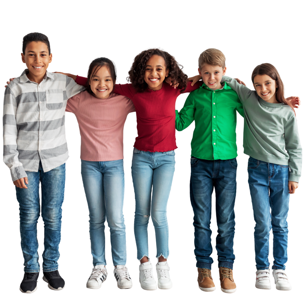 A boy and two girls in karate uniforms are pointing at the camera