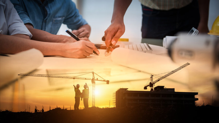 People collaborating over blueprints, layered with a sunset construction site silhouette featuring cranes and workers.