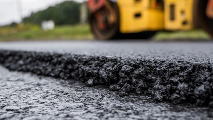 A close-up of a thick layer of freshly laid black asphalt with a road roller in the blurred background.
