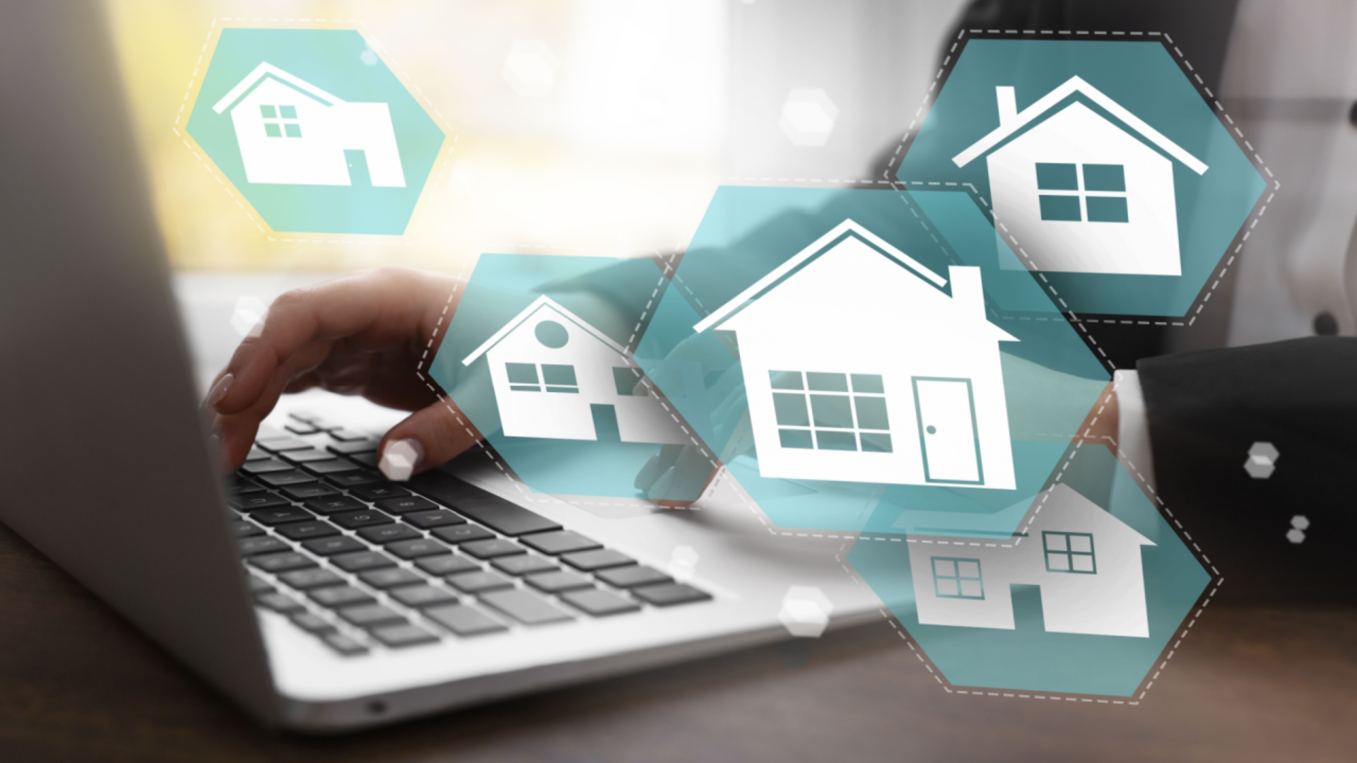 A person typing on a laptop with superimposed digital icons of houses representing real estate or home services.