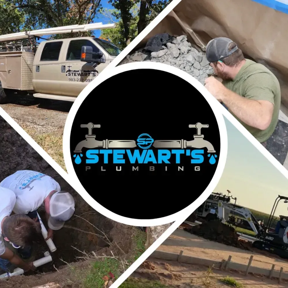 Collage with Stewart's Plumbing logo, truck, workers, and machinery.