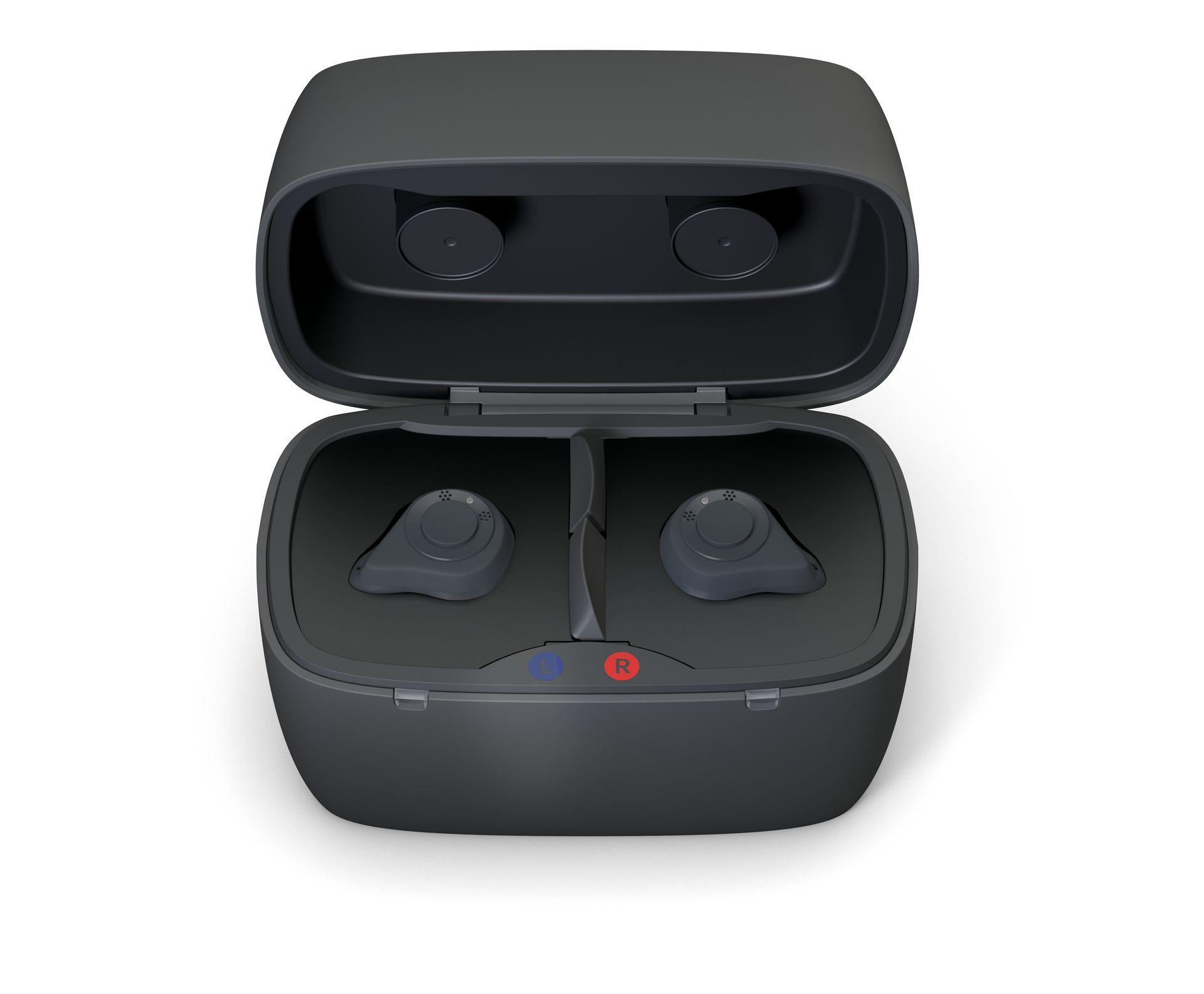 Dark gray Signia hearing aid with tan ear mold.