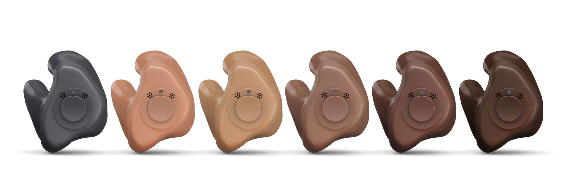 Two dark gray Signia hearing aids with ear tips, angled against a white background.