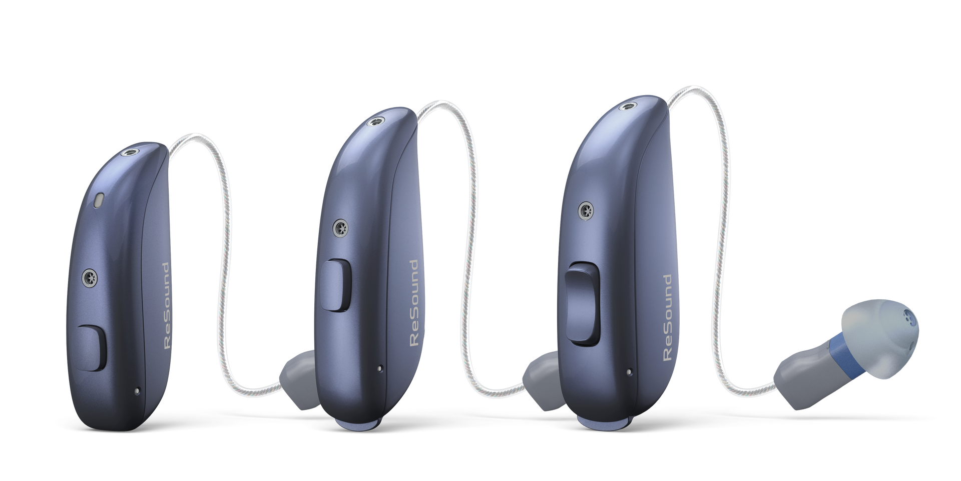 Two hearing aids, one blue, one red, inside black ear molds.