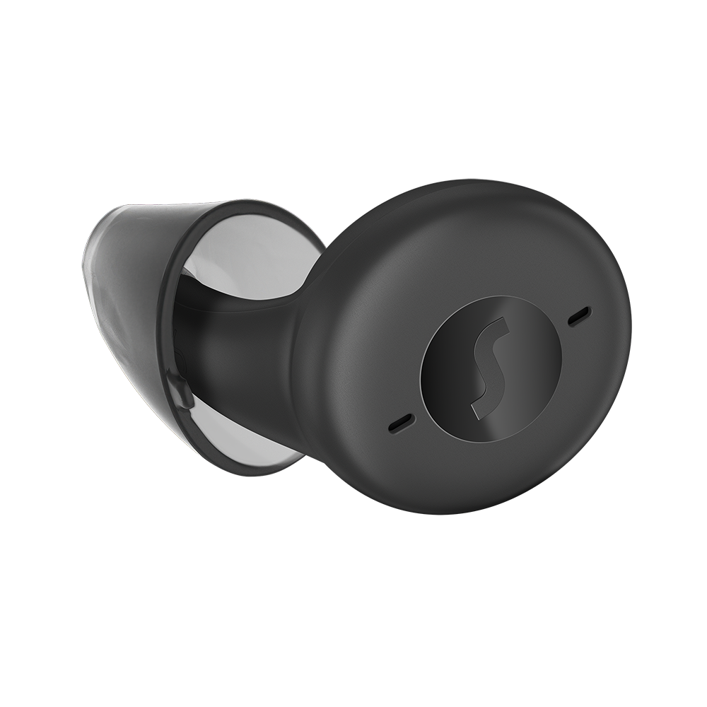 Black earbud with a round, flat end, featuring a logo, angled toward the left.