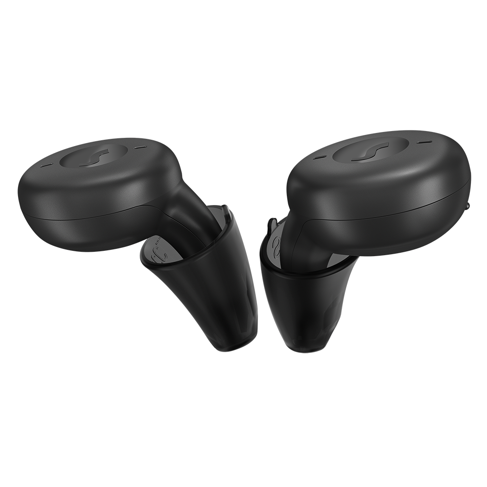 Two black wireless earbuds.