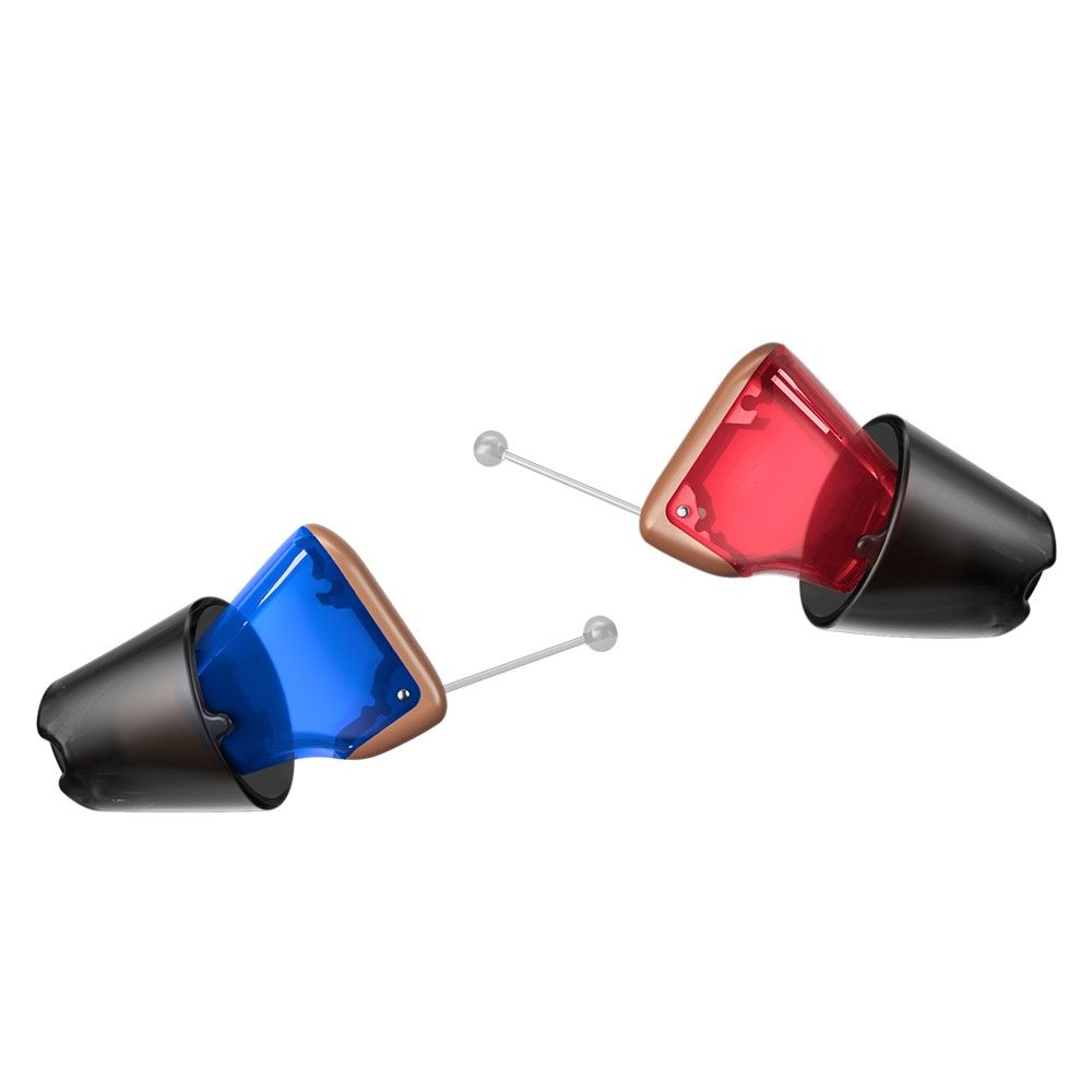Two hearing aids, one blue, one red, inside black ear molds.