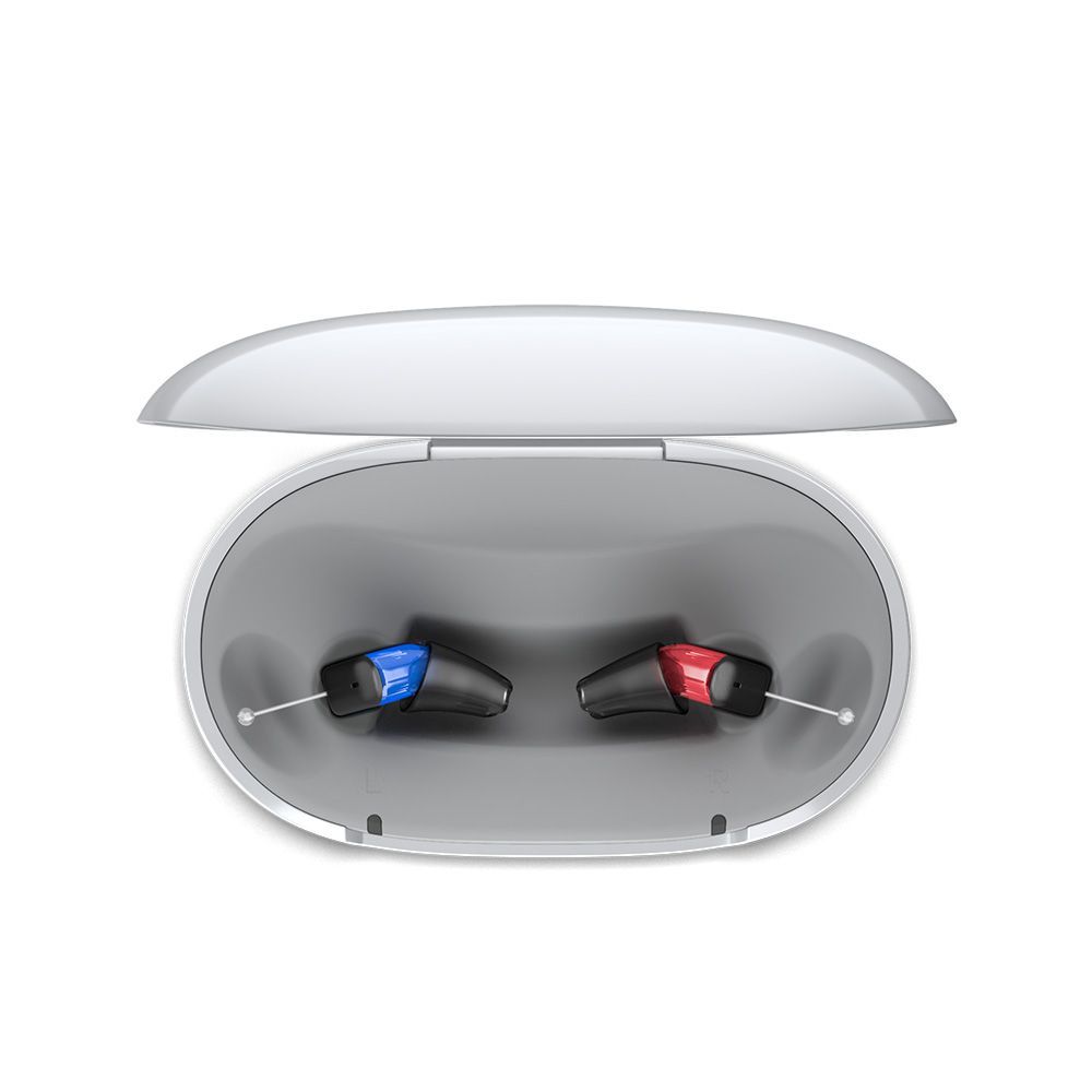 Hearing aids in a charging case, with blue and red indicators.