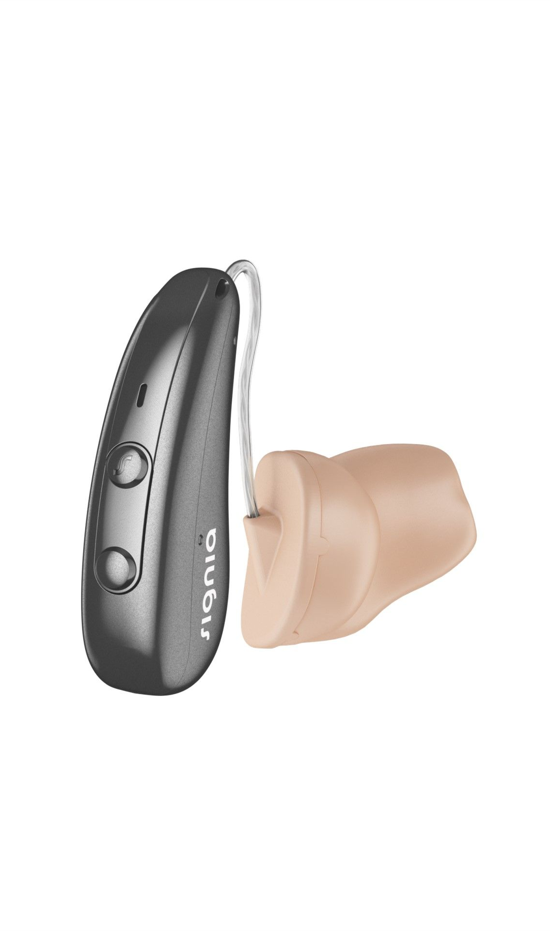 Dark gray Signia hearing aid with tan ear mold.