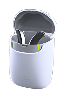 Hearing aids in a white charging case with the lid open.