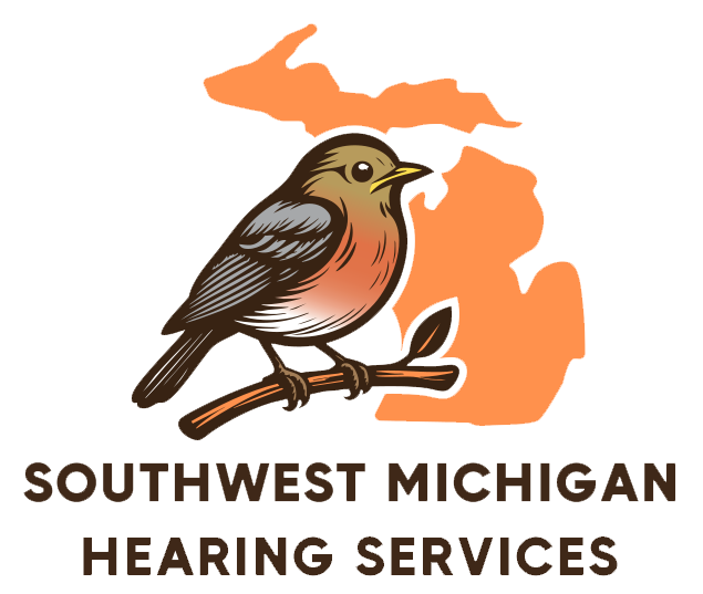 Logo for Southwest Michigan Hearing Services: bird on branch in front of orange Michigan outline.