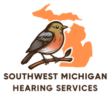 Logo for Southwest Michigan Hearing Services: bird on branch in front of orange Michigan outline.
