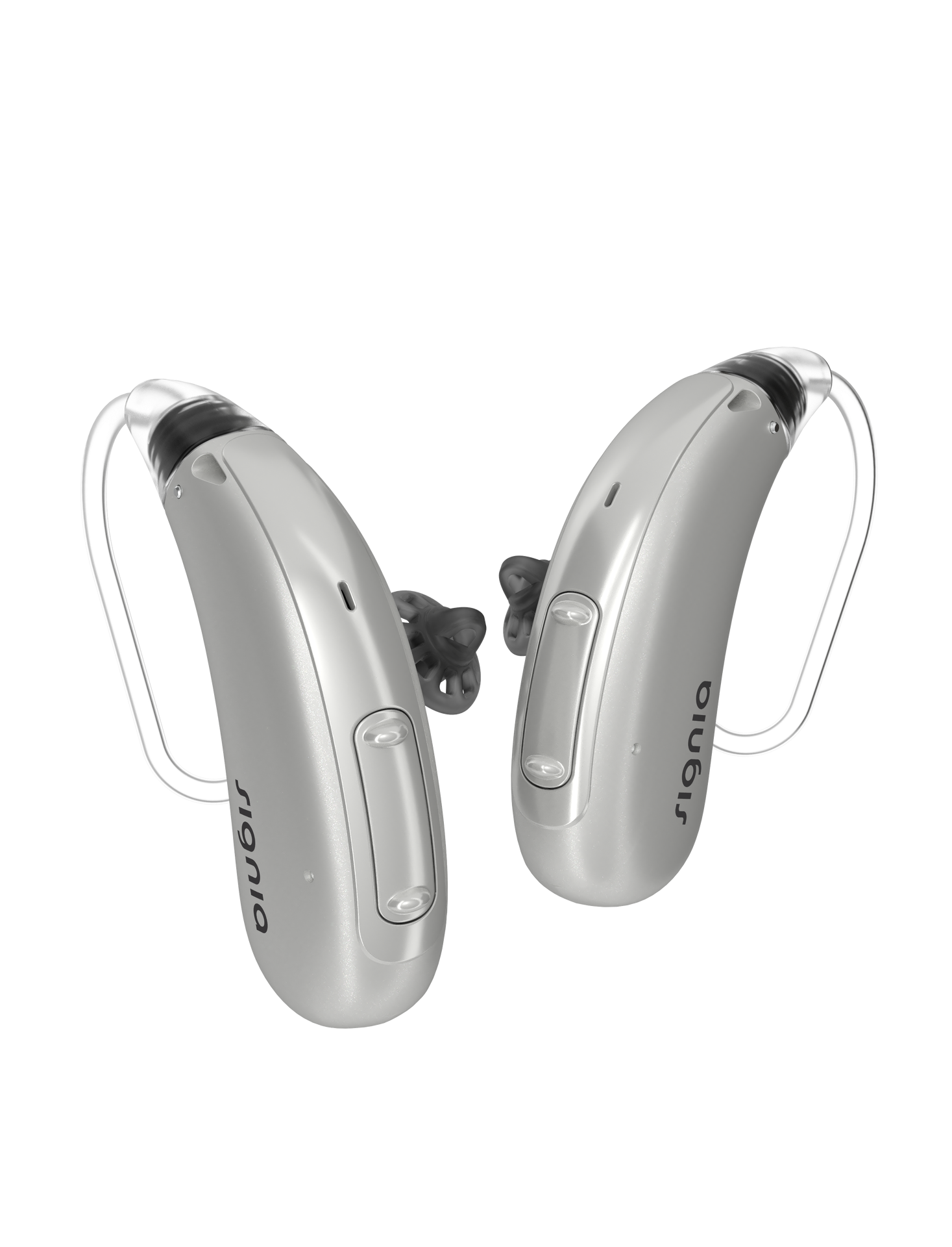 Two silver Signia hearing aids.