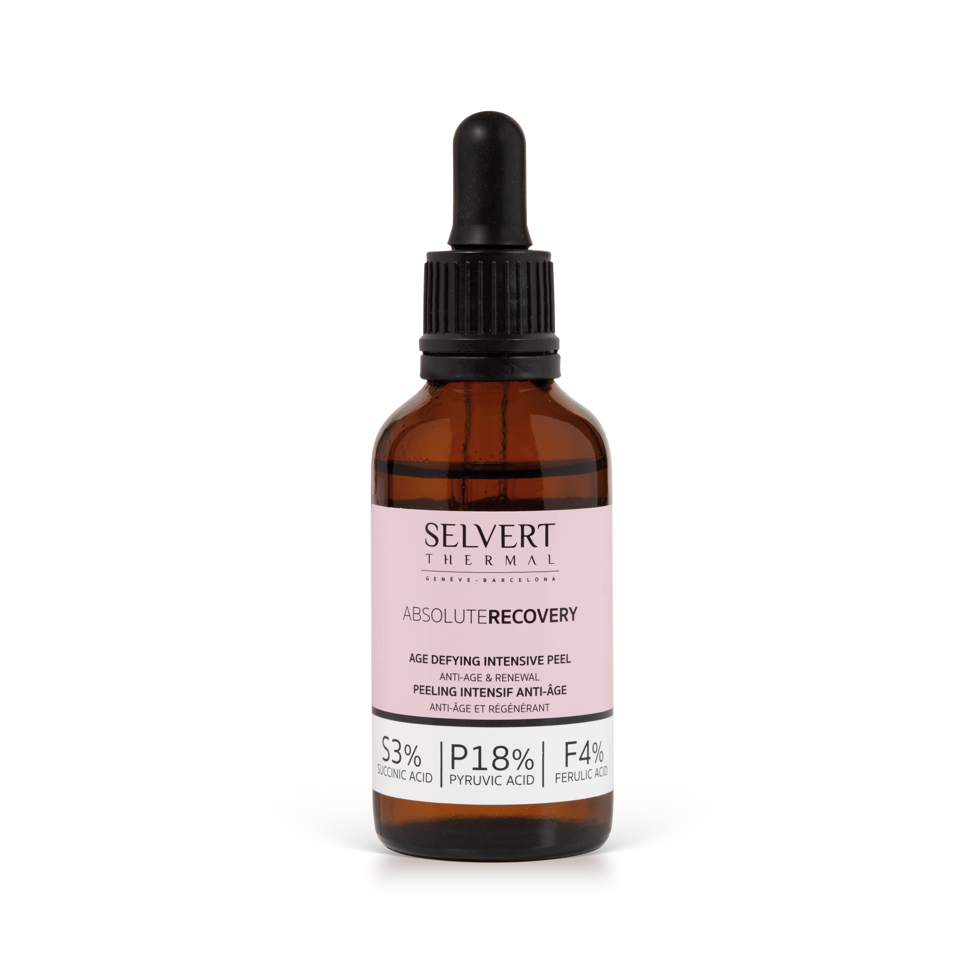 a bottle of self lrt absolute recovery serum with a dropper on a white background .
