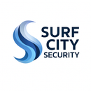 A logo for surf city security with a blue swirl