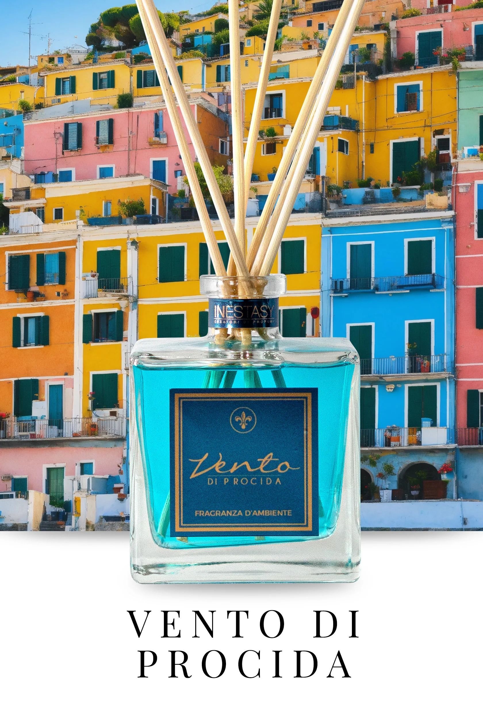 Una bottiglia di profumo vento di procida con un'immagine di edifici colorati sullo sfondo