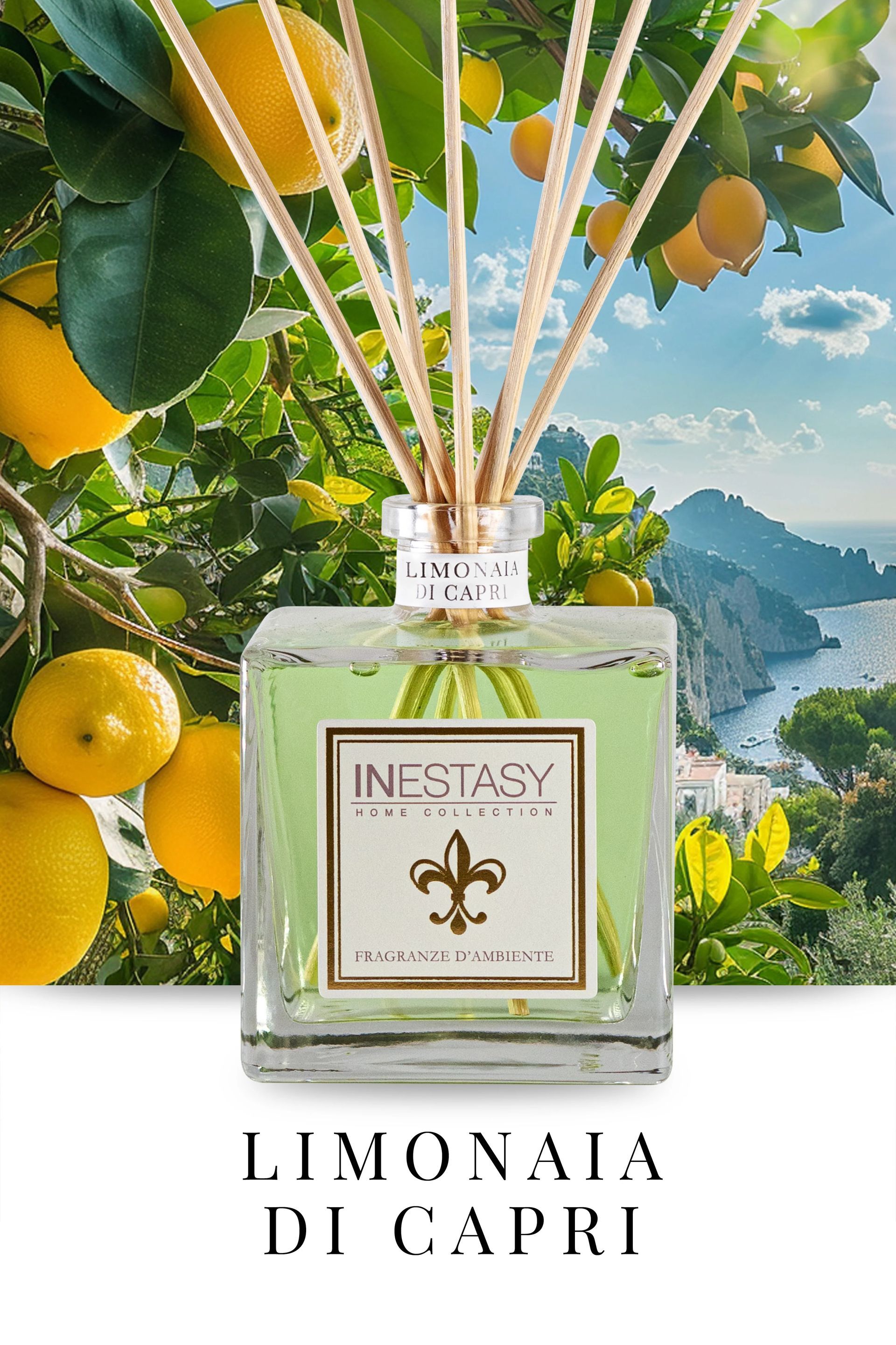 Una bottiglia di profumo Limonata di Capri con un'immagine di alberi di limoni sullo sfondo.