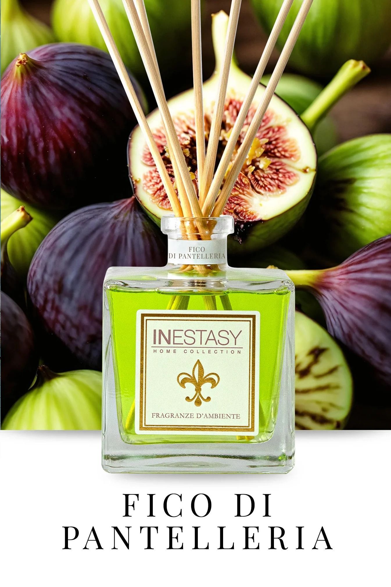 Una bottiglia di profumo inestasy fico di pantelleria con fichi sullo sfondo.