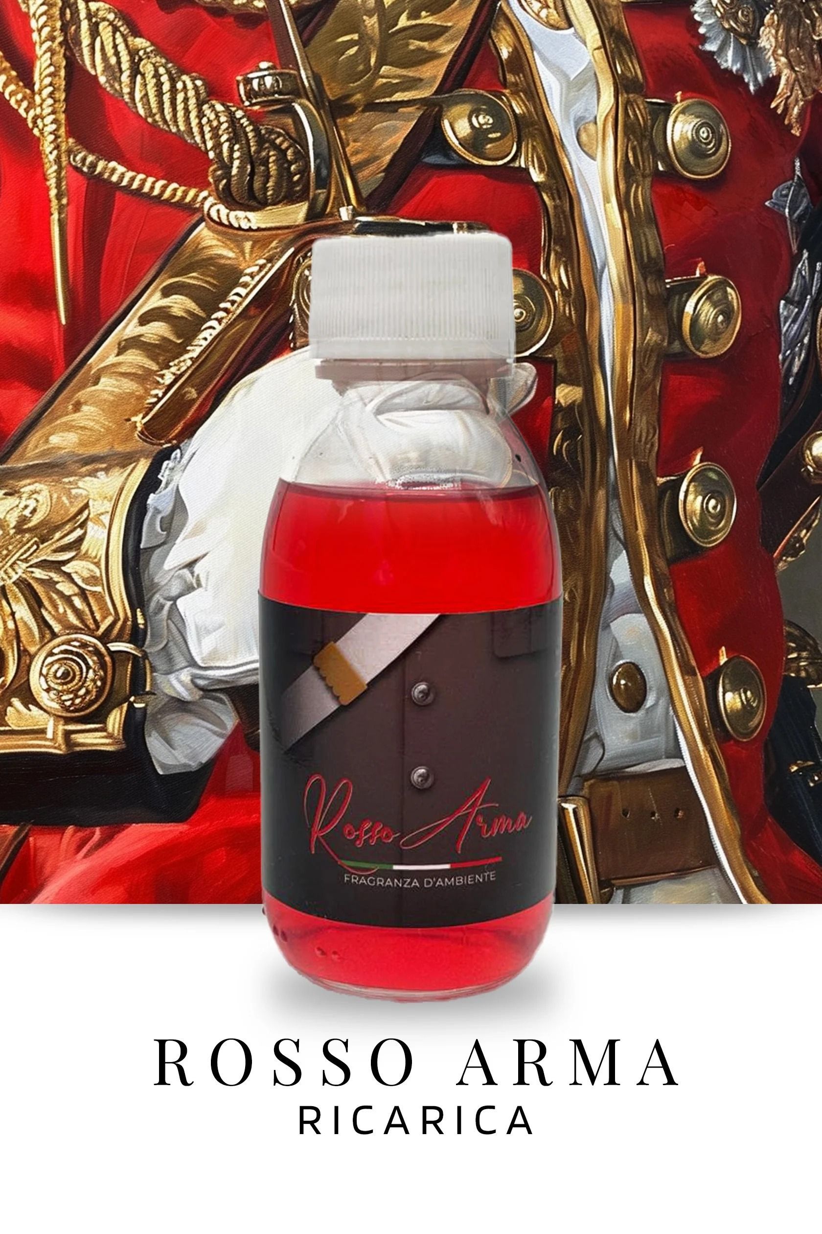 Una bottiglia di Rosso Arma è posta davanti al quadro di un uomo con un cappotto rosso.