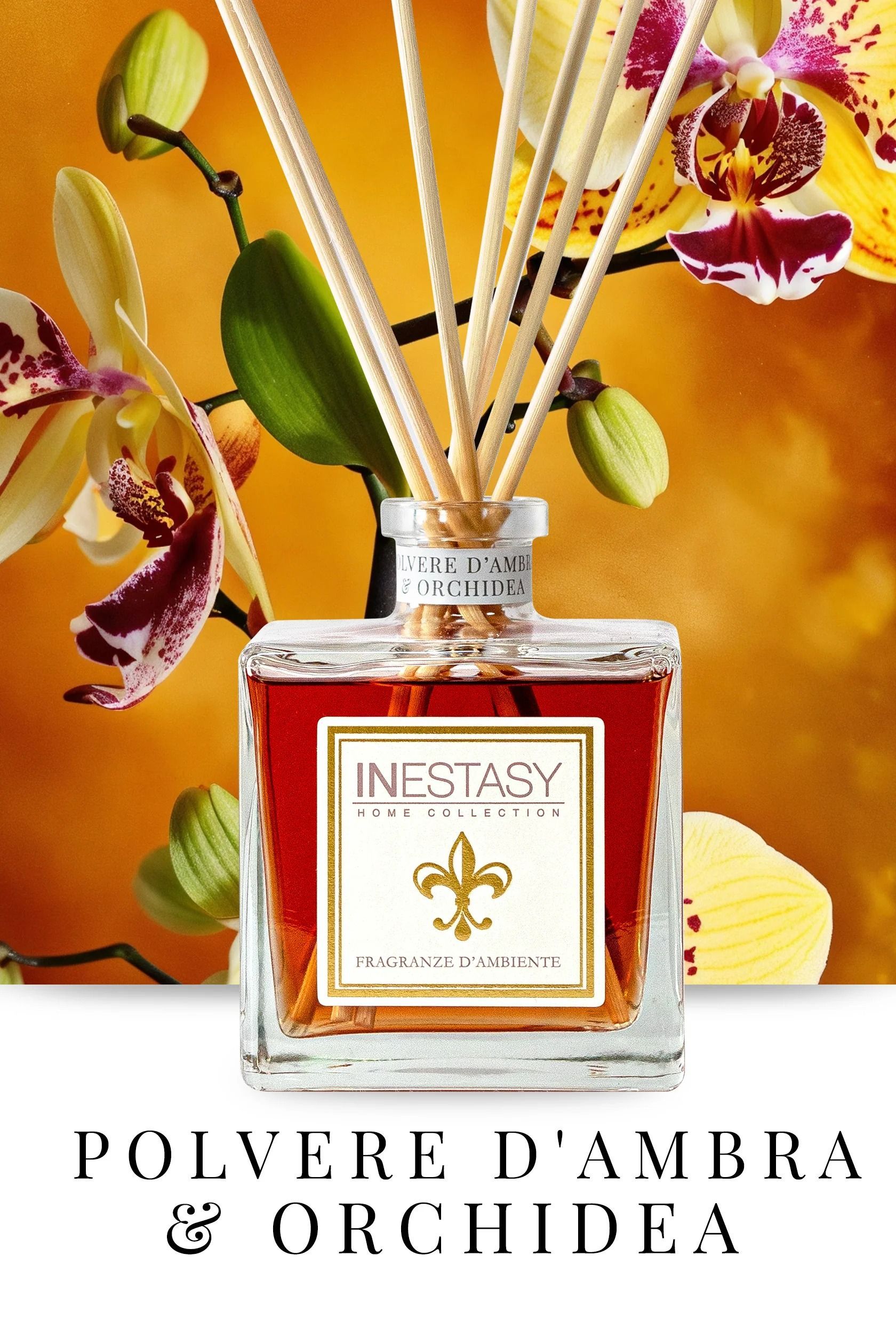 Una bottiglia di profumo polvere d'ambra e orchidea