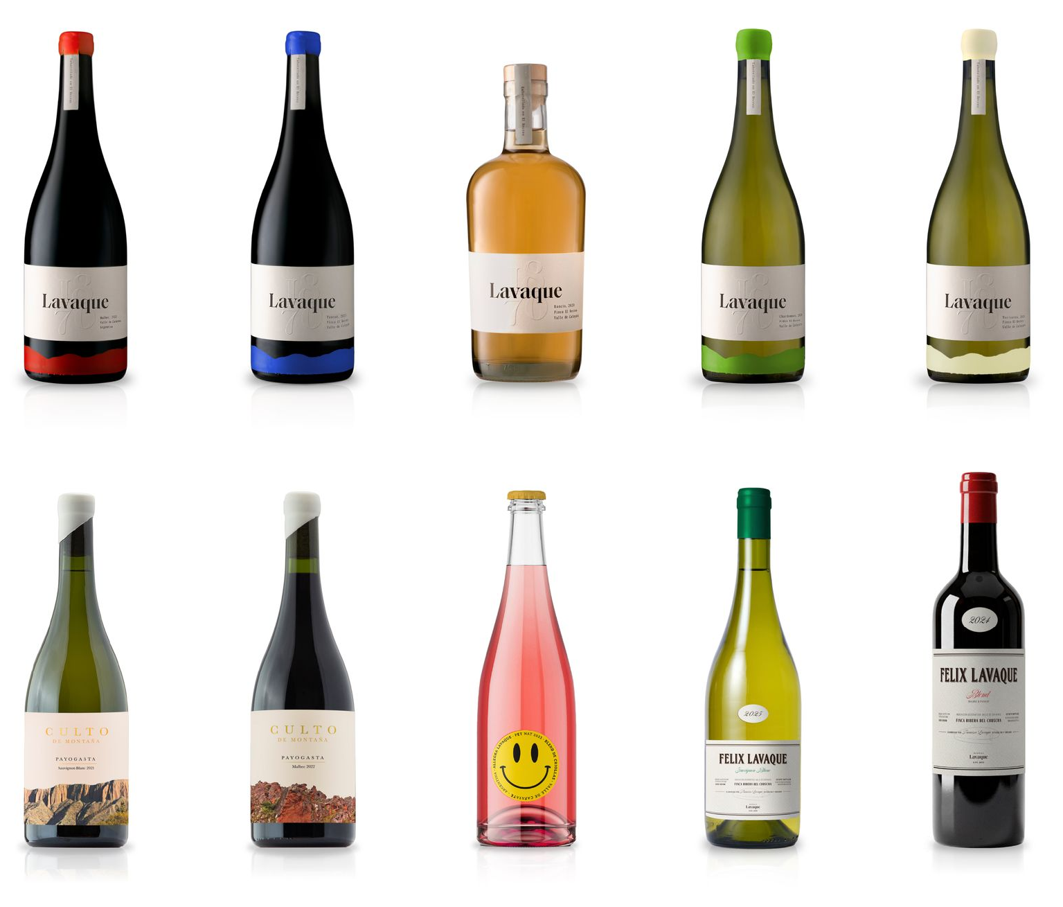 Ten different wine bottles with various colored caps and labels.