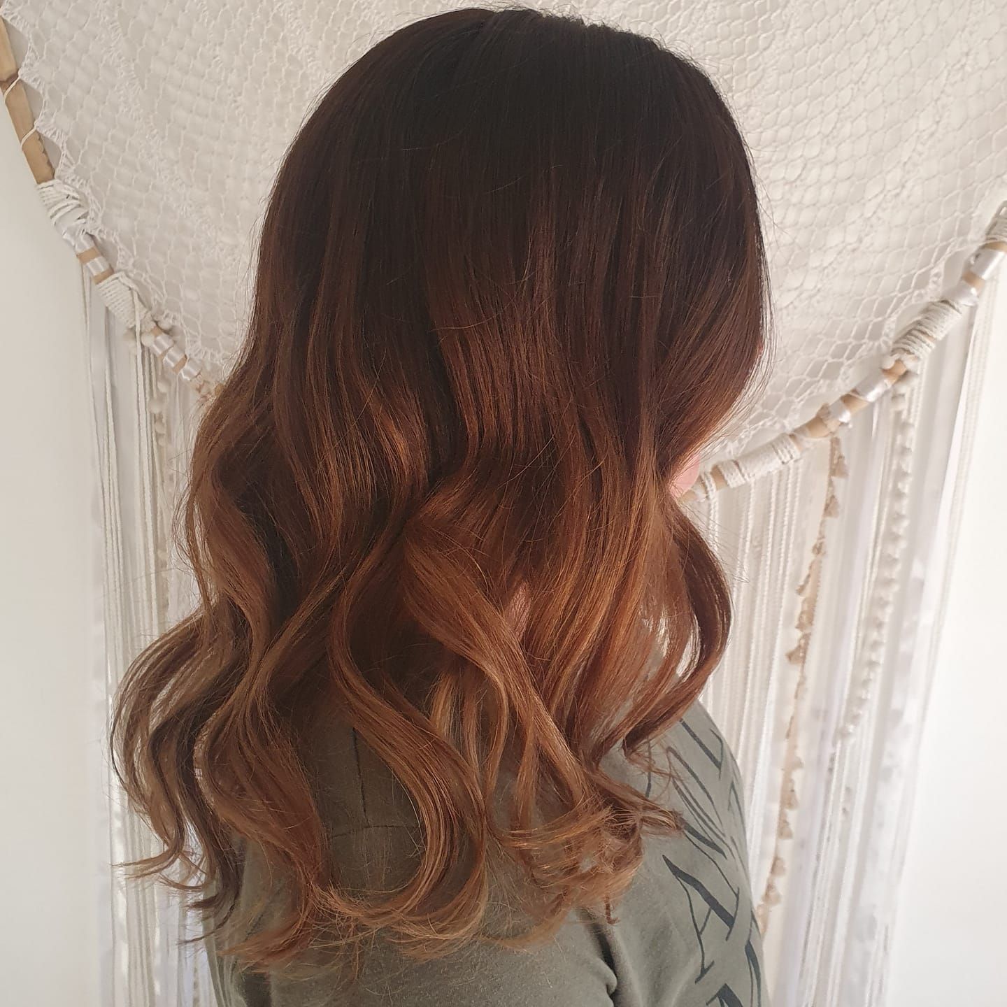 Woman With Dark Hair That Fades to Auburn With Loose Waves — ClaireAbella Hair Studio In Kariong, NSW