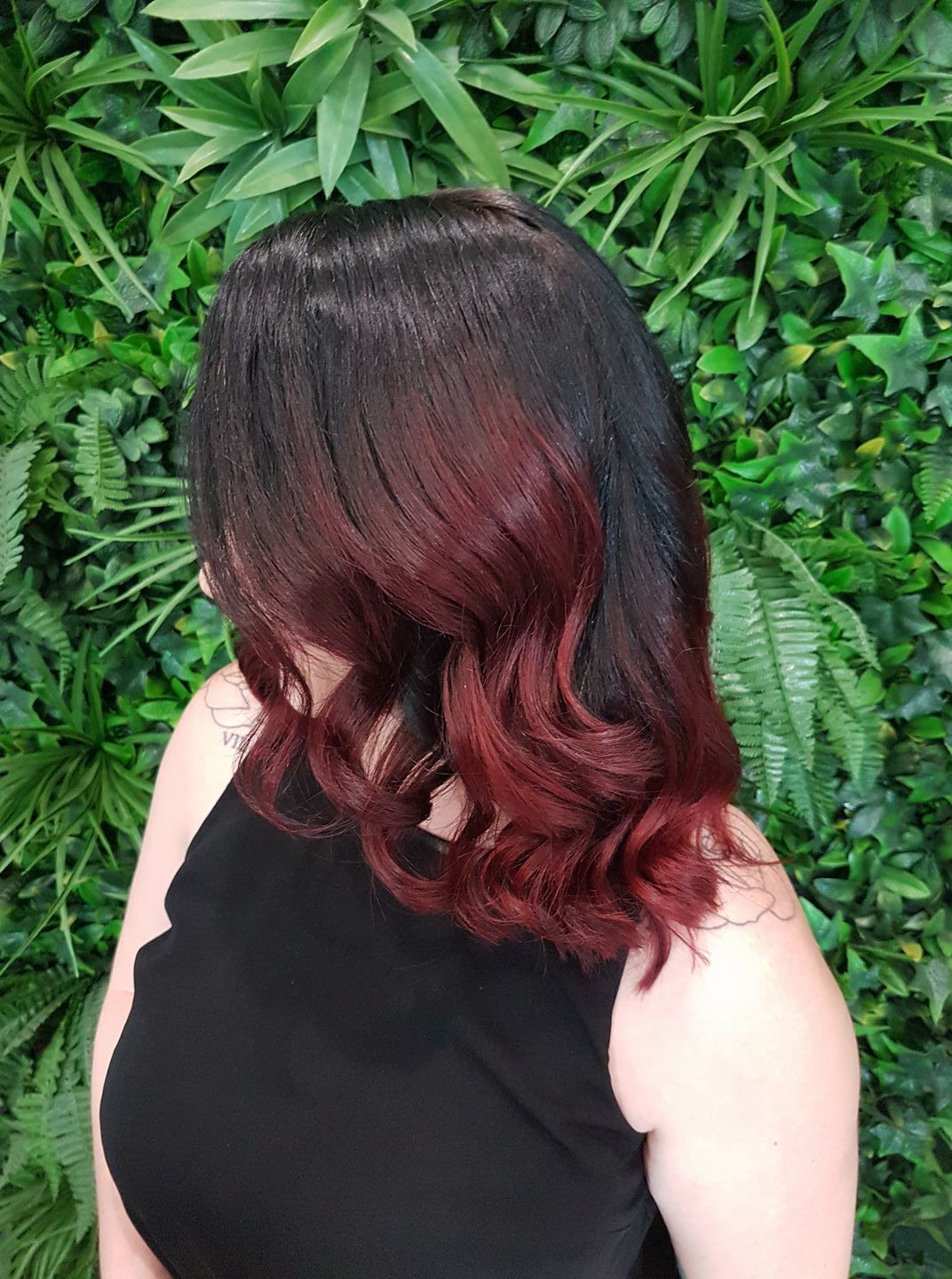 Woman With Black Hair, Fading Into Burgundy Waves — ClaireAbella Hair Studio In Kariong, NSW