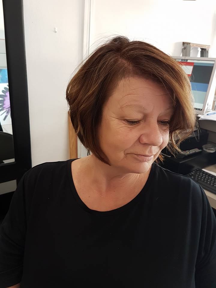 Woman With Brown Hair, Angled Bob Haircut, Looking Down — ClaireAbella Hair Studio In Kariong, NSW