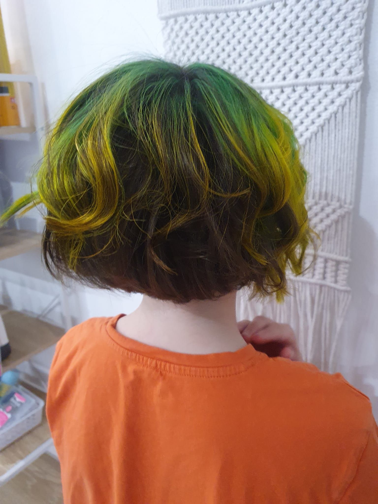 Person With Green and Yellow Hair, Wearing an Orange Shirt — ClaireAbella Hair Studio In Kariong, NSW