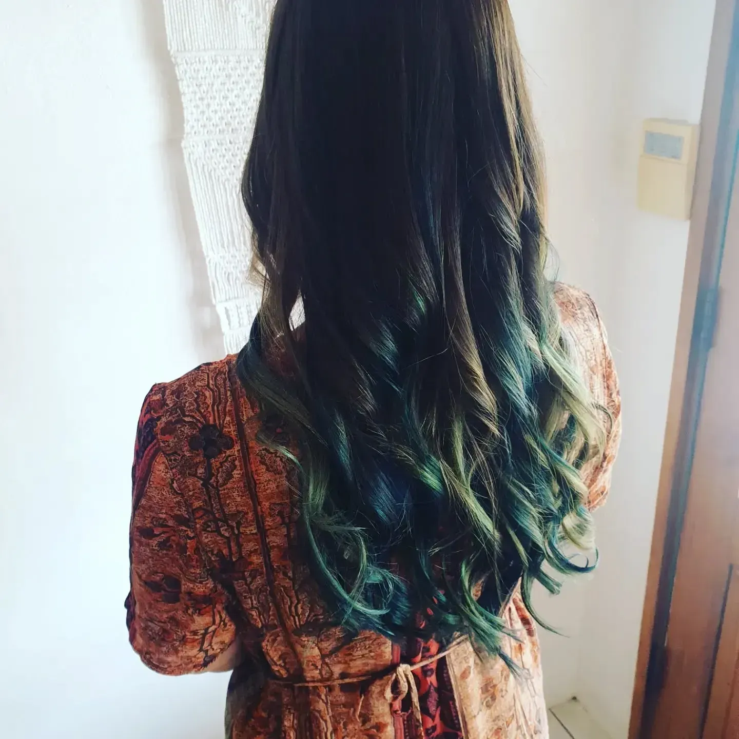 Woman With Long Brown Hair With Teal Ombre, Wearing a Patterned Dress — ClaireAbella Hair Studio In Kariong, NSW