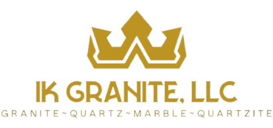 Gold crown logo with "IK GRANITE, LLC" and list of materials below.