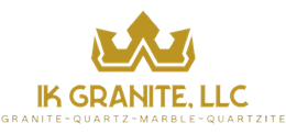 Gold crown logo with "IK GRANITE, LLC" and list of materials below.