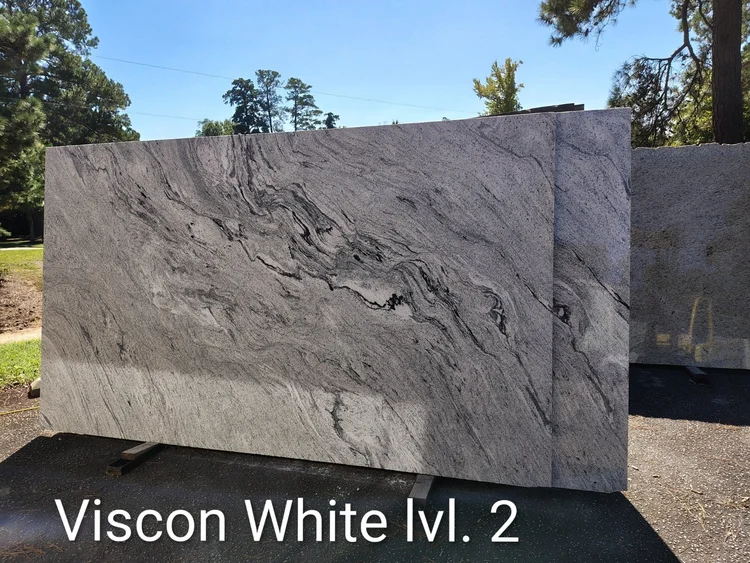 Viscon White lvl. 2 granite slab with grey and black veining, displayed outside.