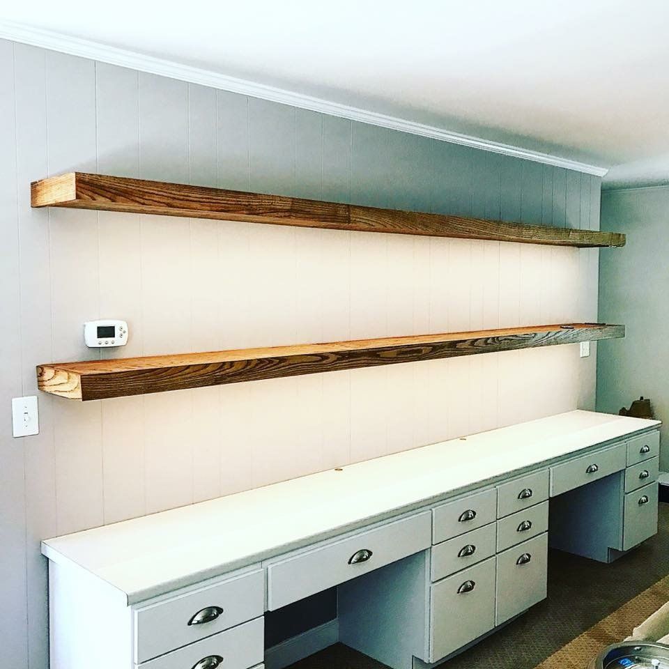 open wood shelves