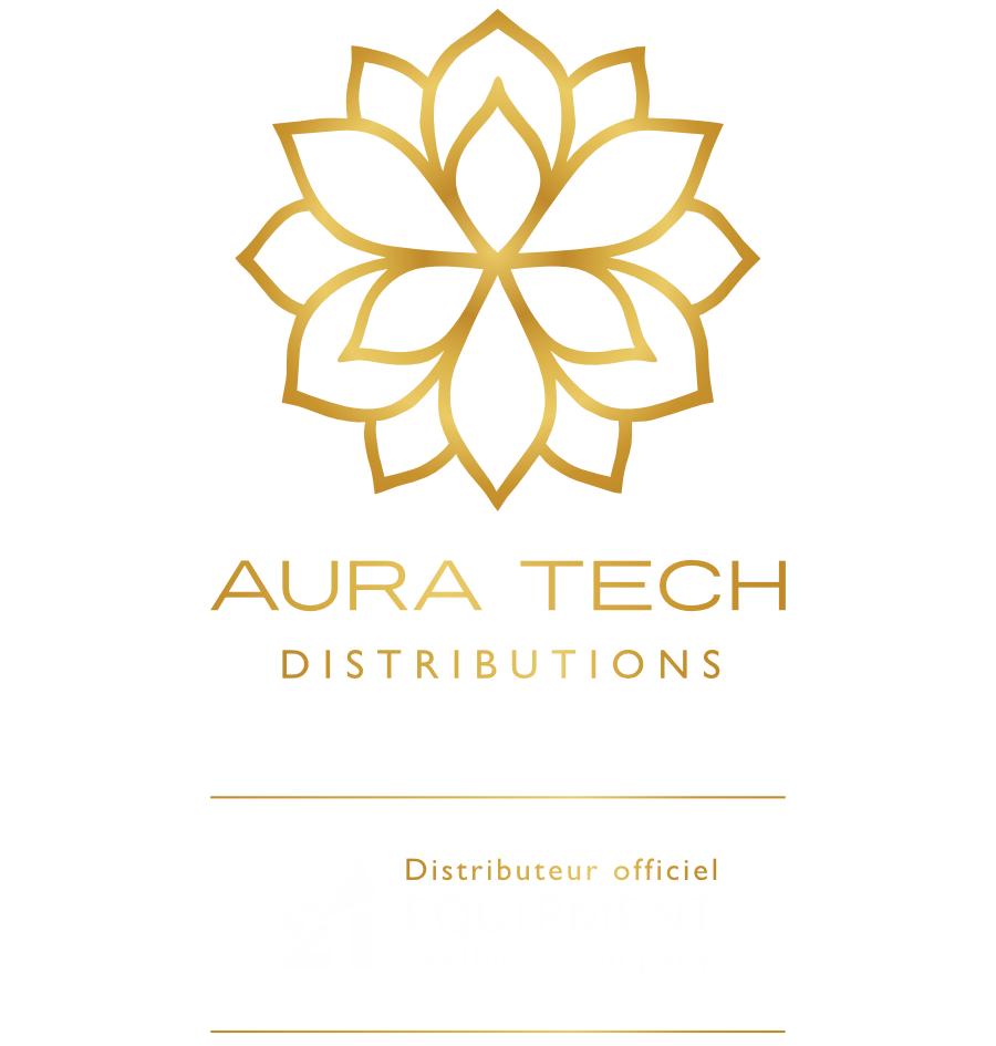 Logo doré : fleur au-dessus du texte « AURA TECH DISTRIBUTIONS » et « Distributeur officiel » sur fond blanc.