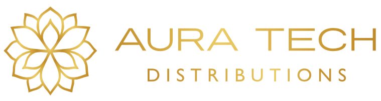Logo doré orné d'un motif floral, texte « AURA TECH » et « DISTRIBUTIONS » en dessous.