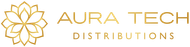 Logo doré orné d'un motif floral, texte « AURA TECH » et « DISTRIBUTIONS » en dessous.