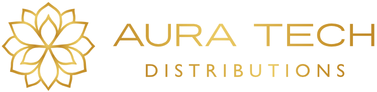 Logo doré orné d'un motif floral, texte « AURA TECH » et « DISTRIBUTIONS » en dessous.