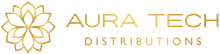 Logo doré orné d'un motif floral, texte « AURA TECH » et « DISTRIBUTIONS » en dessous.