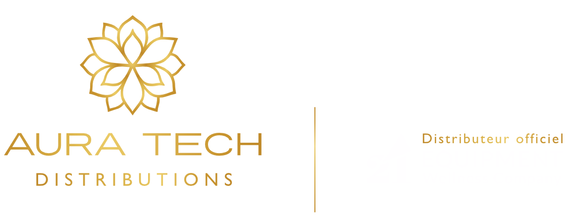 Logo d'Aura Tech Distributions présentant un motif floral doré et du texte sur fond blanc. La mention « Distributeur officiel » figure à droite.