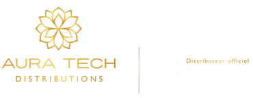 Logo d'Aura Tech Distributions présentant un motif floral doré et du texte sur fond blanc. La mention « Distributeur officiel » figure à droite.