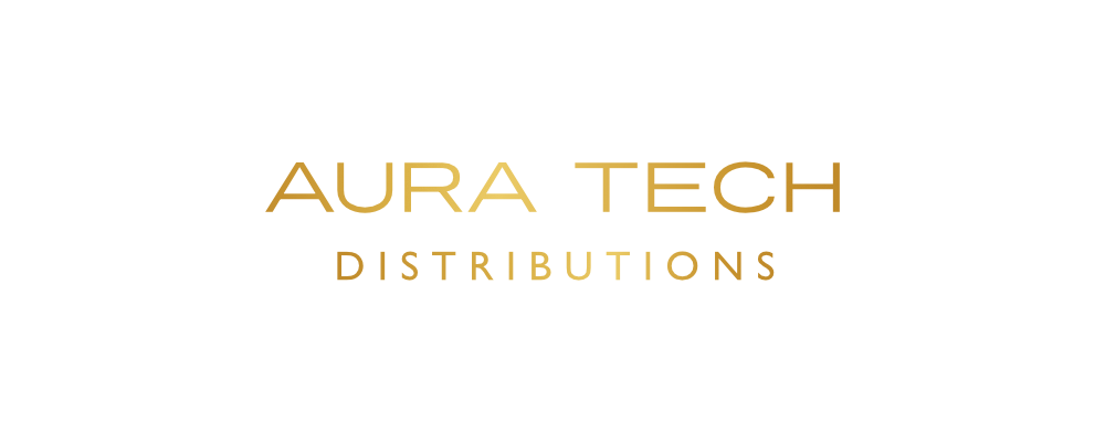 Texte doré sur fond blanc : « AURA TECH DISTRIBUTIONS ».