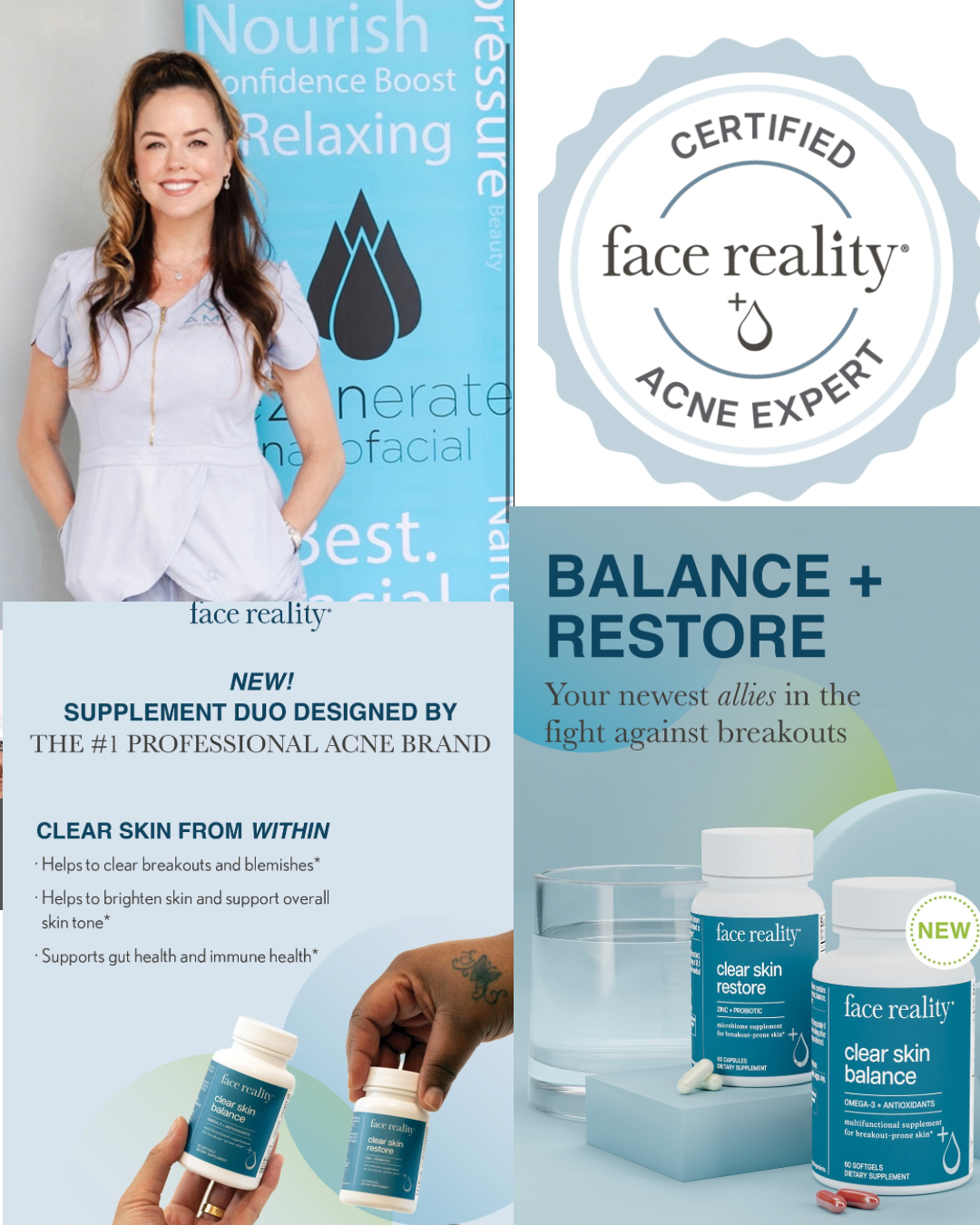 Woman, logo, and supplement bottles for acne treatment. Text reads,